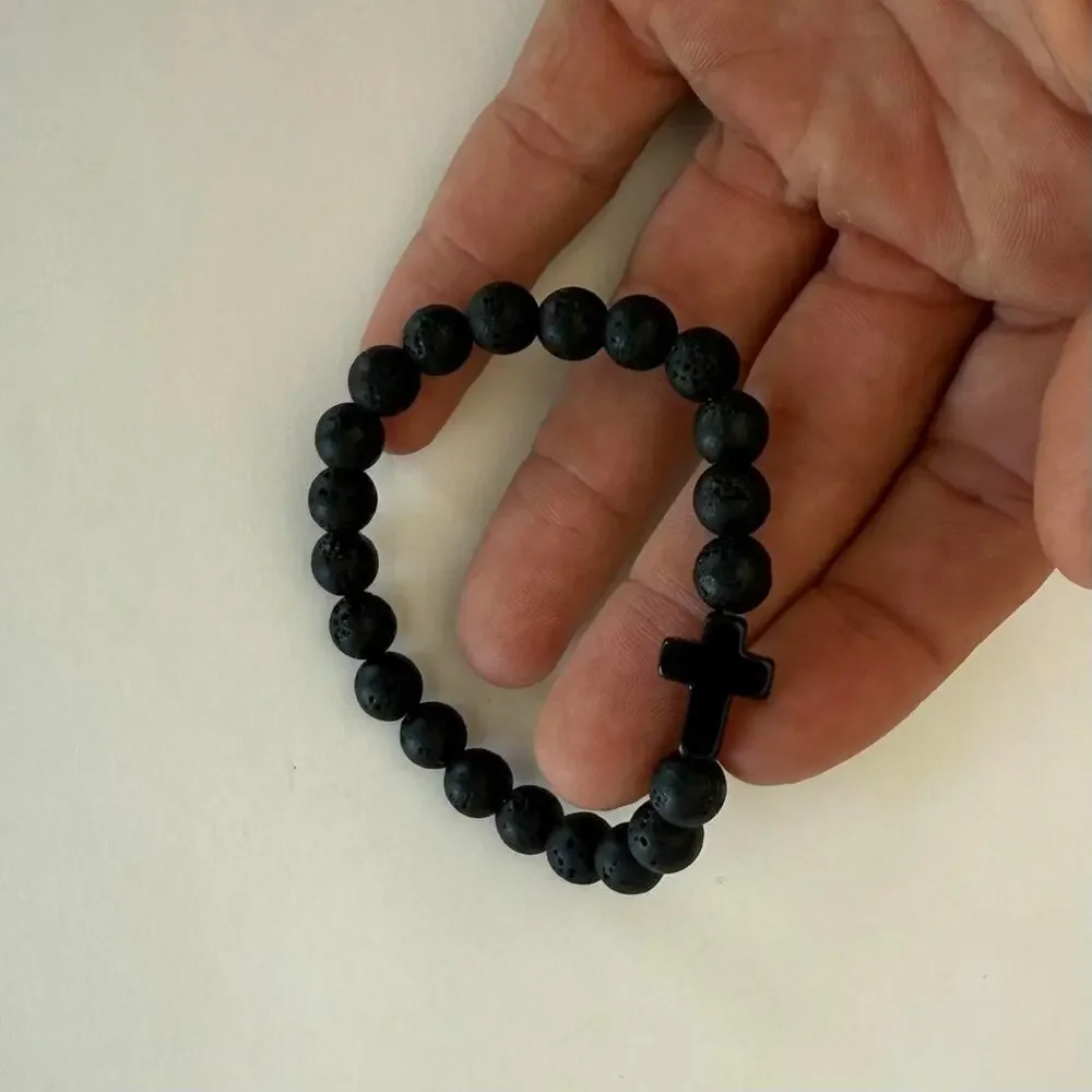Y2K Black Lava Stone Cross Bracelet Unisex Stretch Minimalist Beaded Accessory